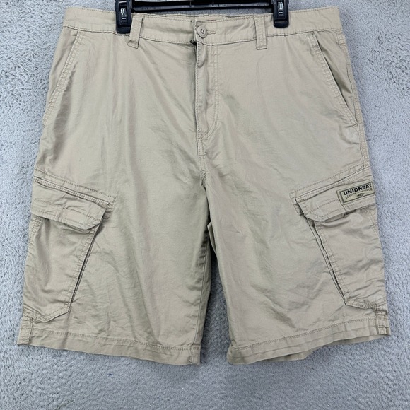 Union Bay Mens Cargo Shorts 38 Beige Flat Front Utility Flap Pocket Stretch Logo - Picture 1 of 8